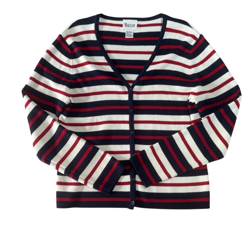 Maren Navy Red Stripe Button-Front Cardigan Sweater Size L Preppy Classic